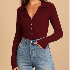 NWT Lulus Timeless Design Burgundy Button Down Long Sleeve Bodysuit size Small